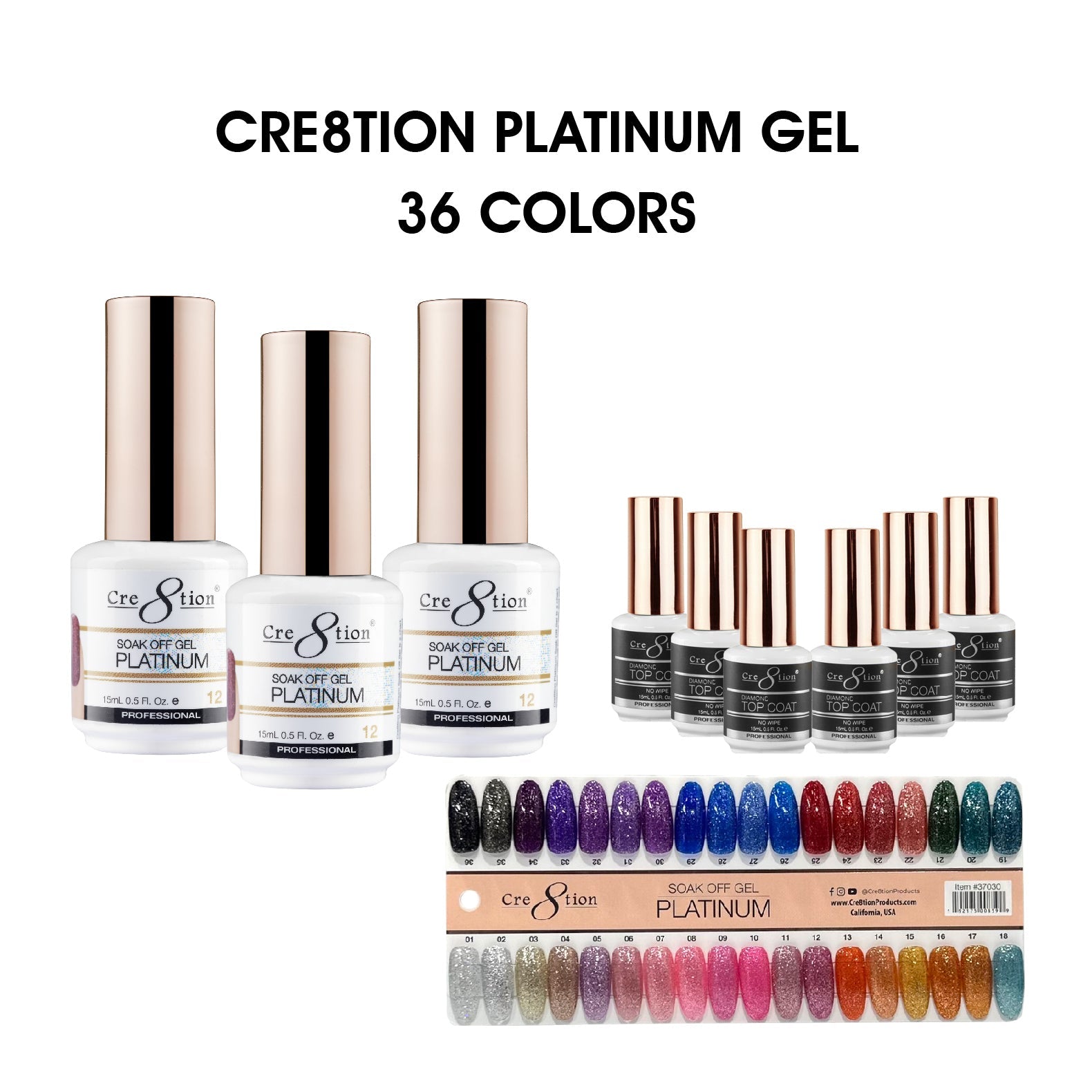 Cre8tion Platinum Gel 0.5oz - Full Set 36 colors w/ 6 Top Diamond 0.5oz & 1 Color Chart