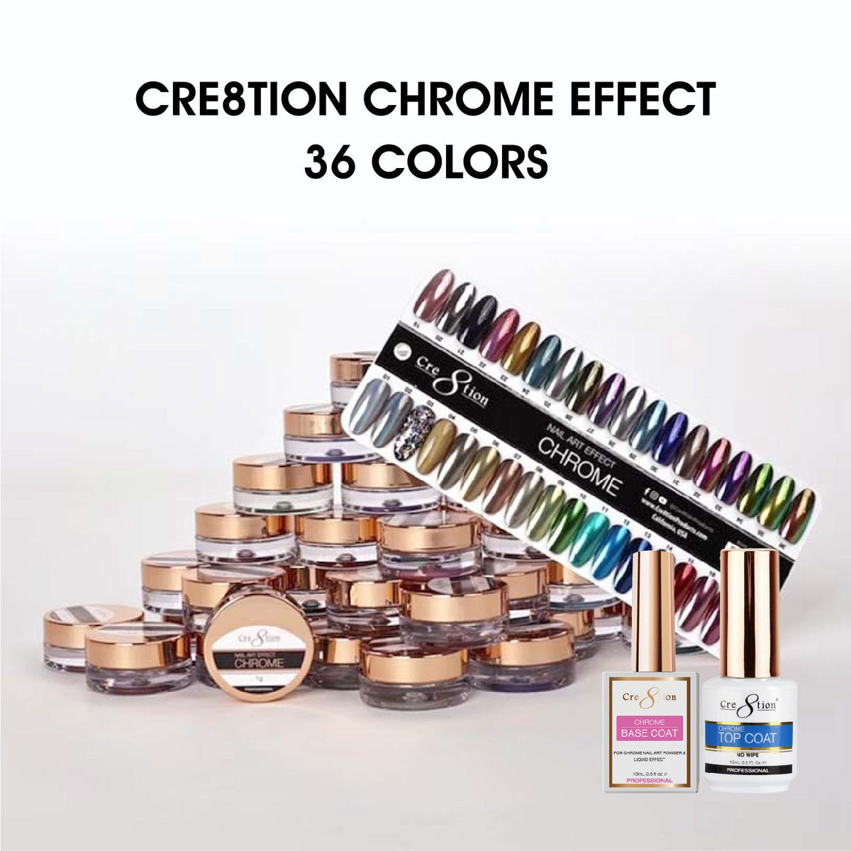 Cre8tion Chrome Nail Art Effect 1g - Full set 36 Colors (#01 - #36) w/ 1 Chrome Base & 1 Chrome Top 0.5oz