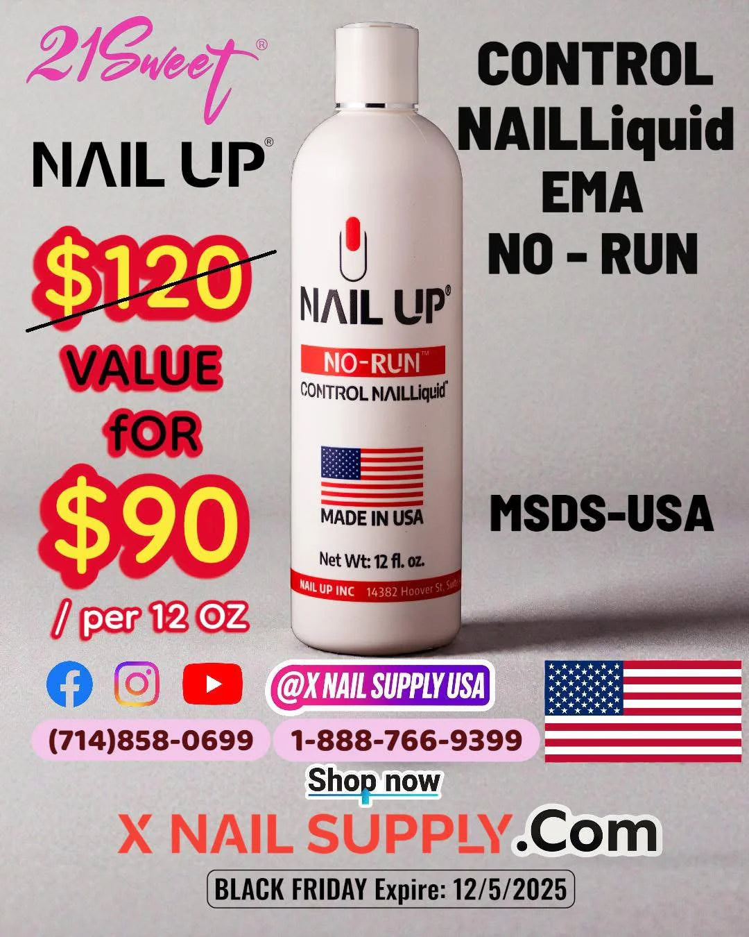 CONTROL NAIL Liquid EMA, 12OZ. MSDS-USA. NAIL UP. NOW $100(REG. $120). 16.66%OFF. NO-RUN, EMA-MSDS.